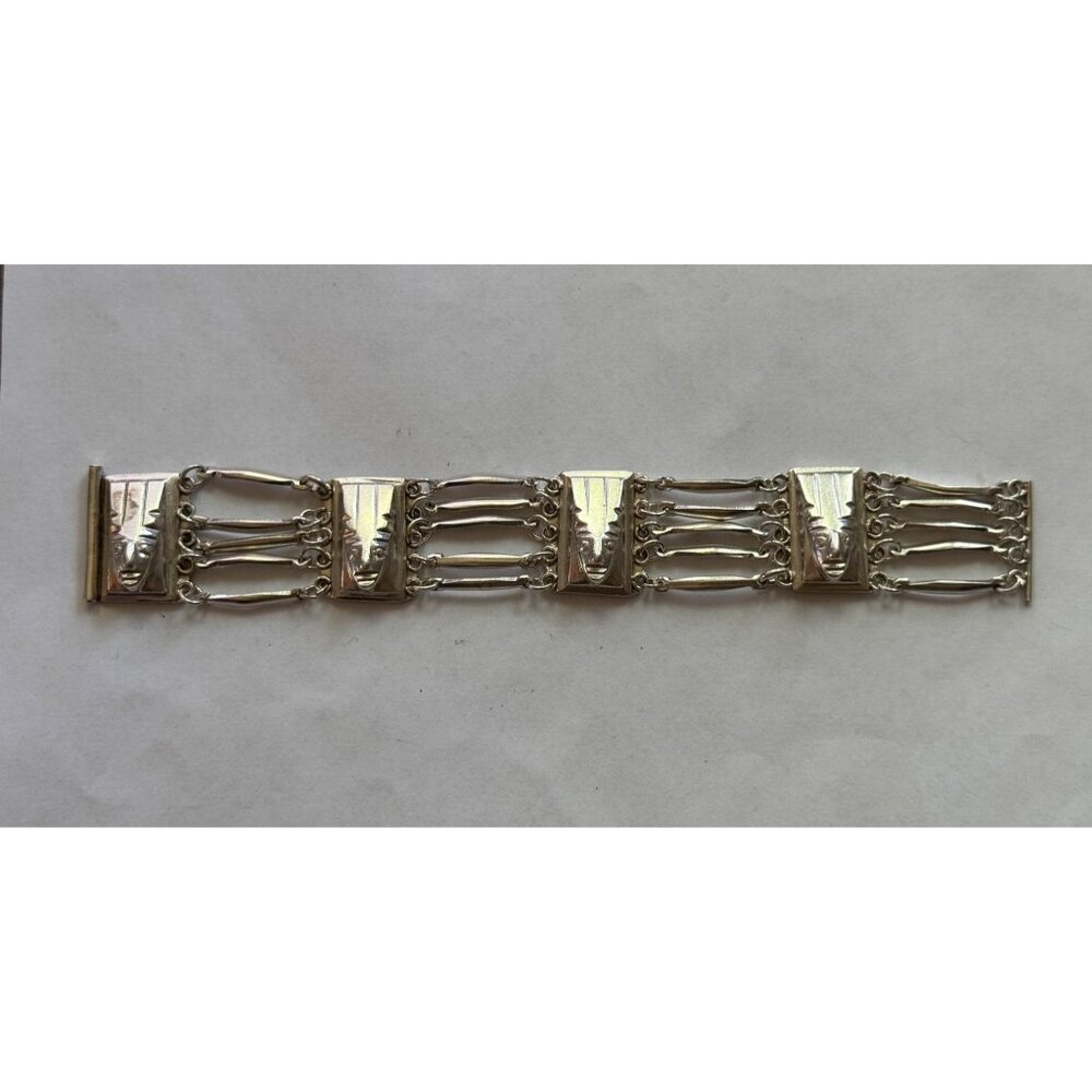 Size 7 Unbranded 925 Sterling Silver Bar Link Bangle Bracelet w/ Face Designs